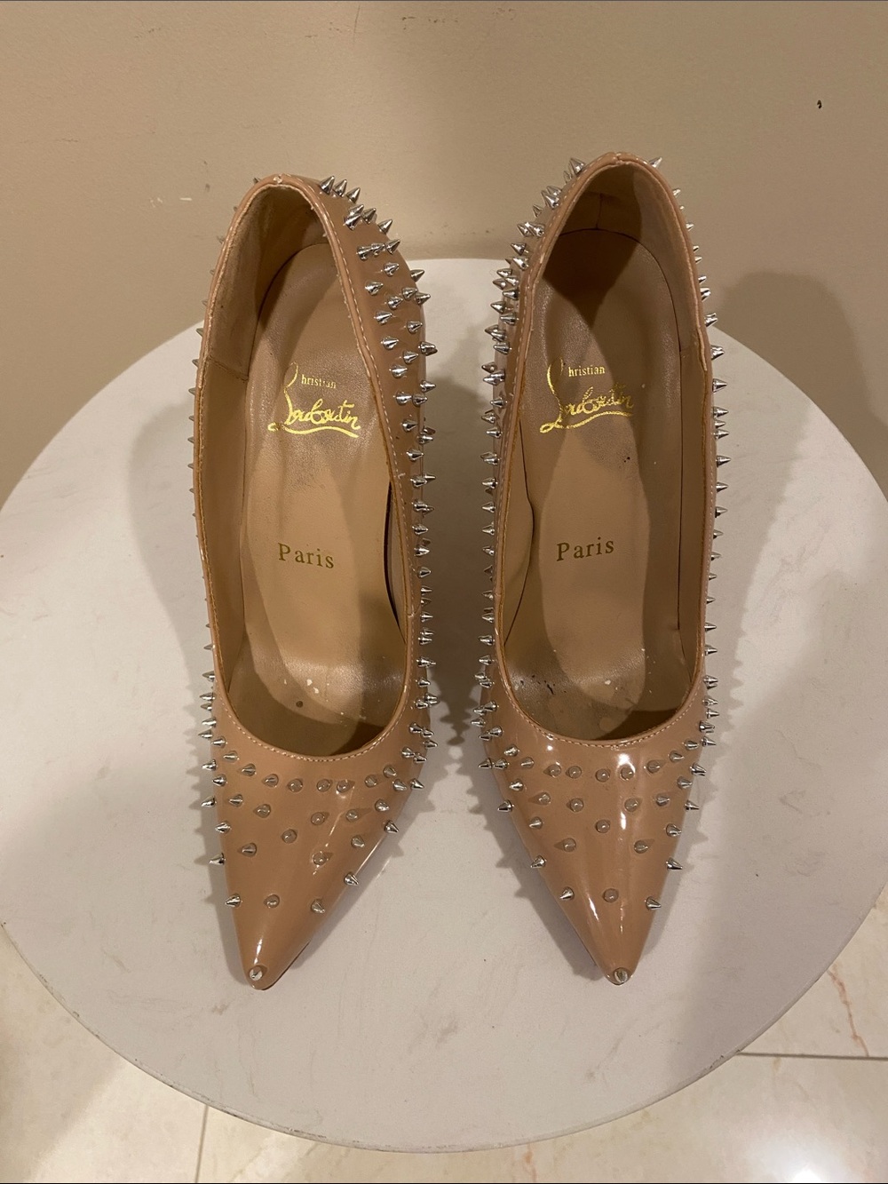 Christian Louboutin Nude Patent Spike Pointed Pumps with Silver Spikes 38